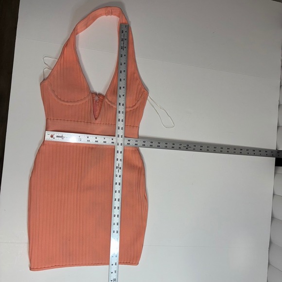 Peach Ribbed Halter Neck Deep V Mini Dress Bodycon Stretch - Picture 6 of 6